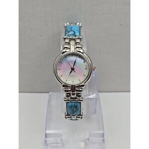 Womens Kristine Silver Tone Faux Turquoise Link Bracelet Watch New Battery Boho